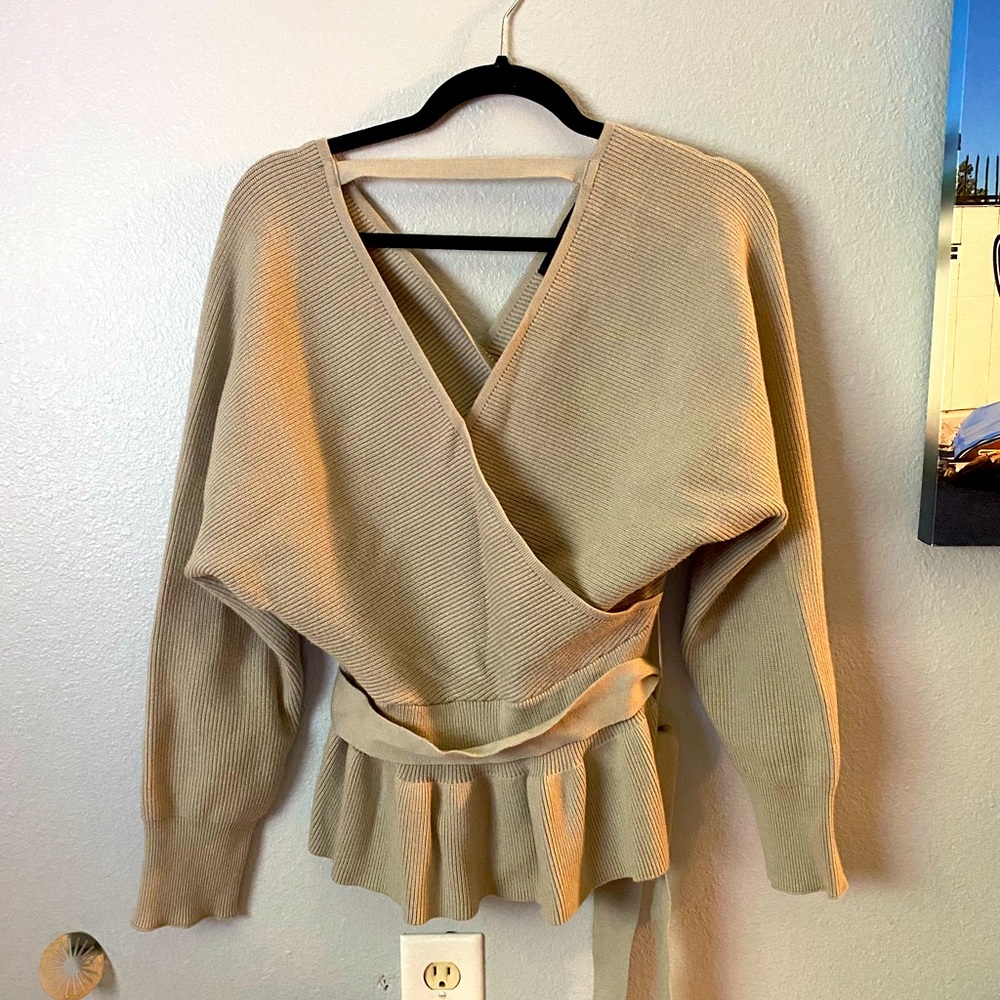 Wrap style tan sweater